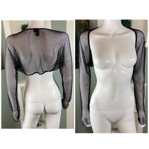 Windsor Black Fishnet Rhinestone Mesh Long Sleeve Shrug Bolero Crop Top Sheer L